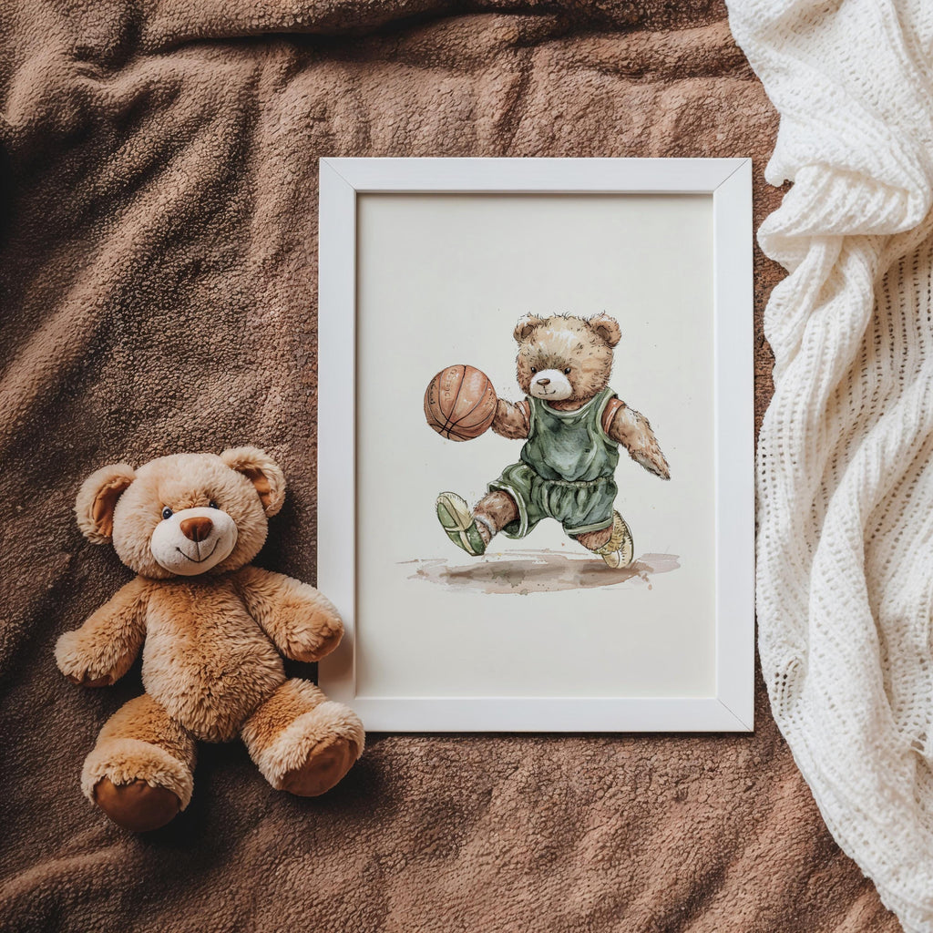 Vintage Basketball Teddy Bear Wall Art, Adorable Bear in Basketball Uniform, Nostalgic Decor for Kids Room, Nursery, Gift for Sports Fans