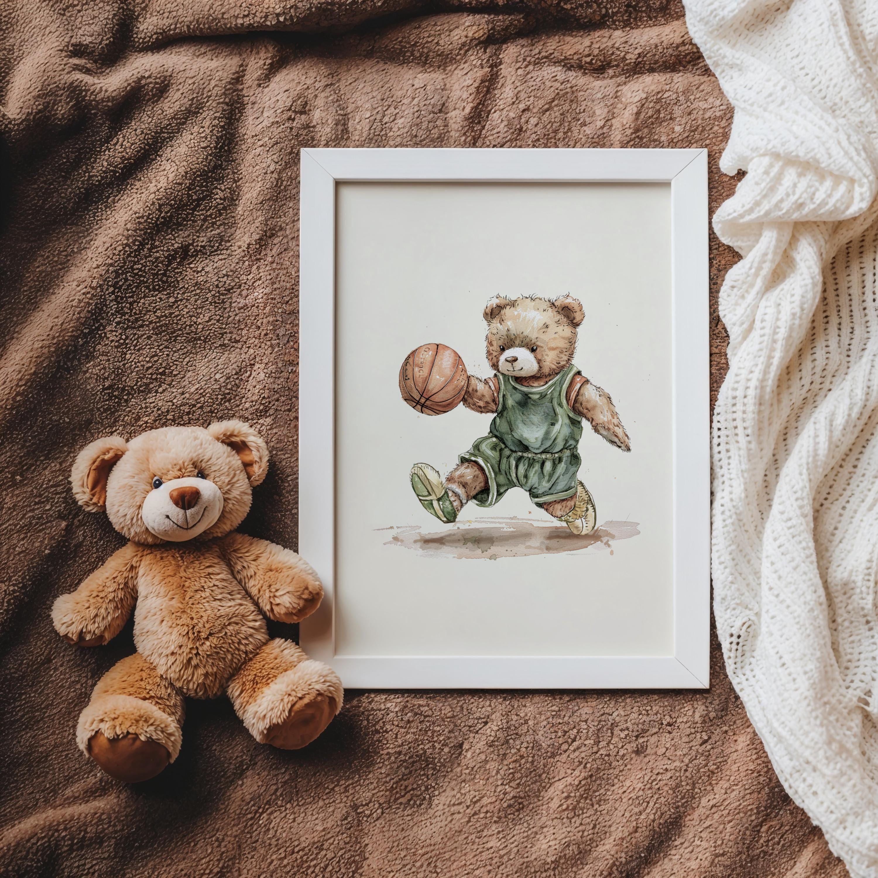 Vintage Basketball Teddy Bear Wall Art, Adorable Bear in Basketball Uniform, Nostalgic Decor for Kids Room, Nursery, Gift for Sports Fans