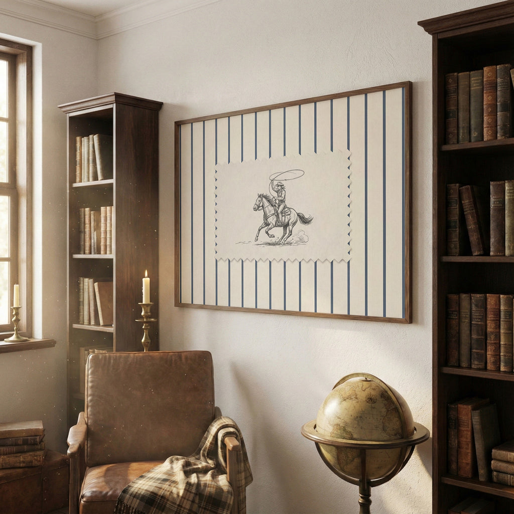 a cozy and well-lit living room with a large framed picture of a cowboy on a horse hanging on the wall, a leather armchair, a bookshelf filled with books, and a globe on a stand.