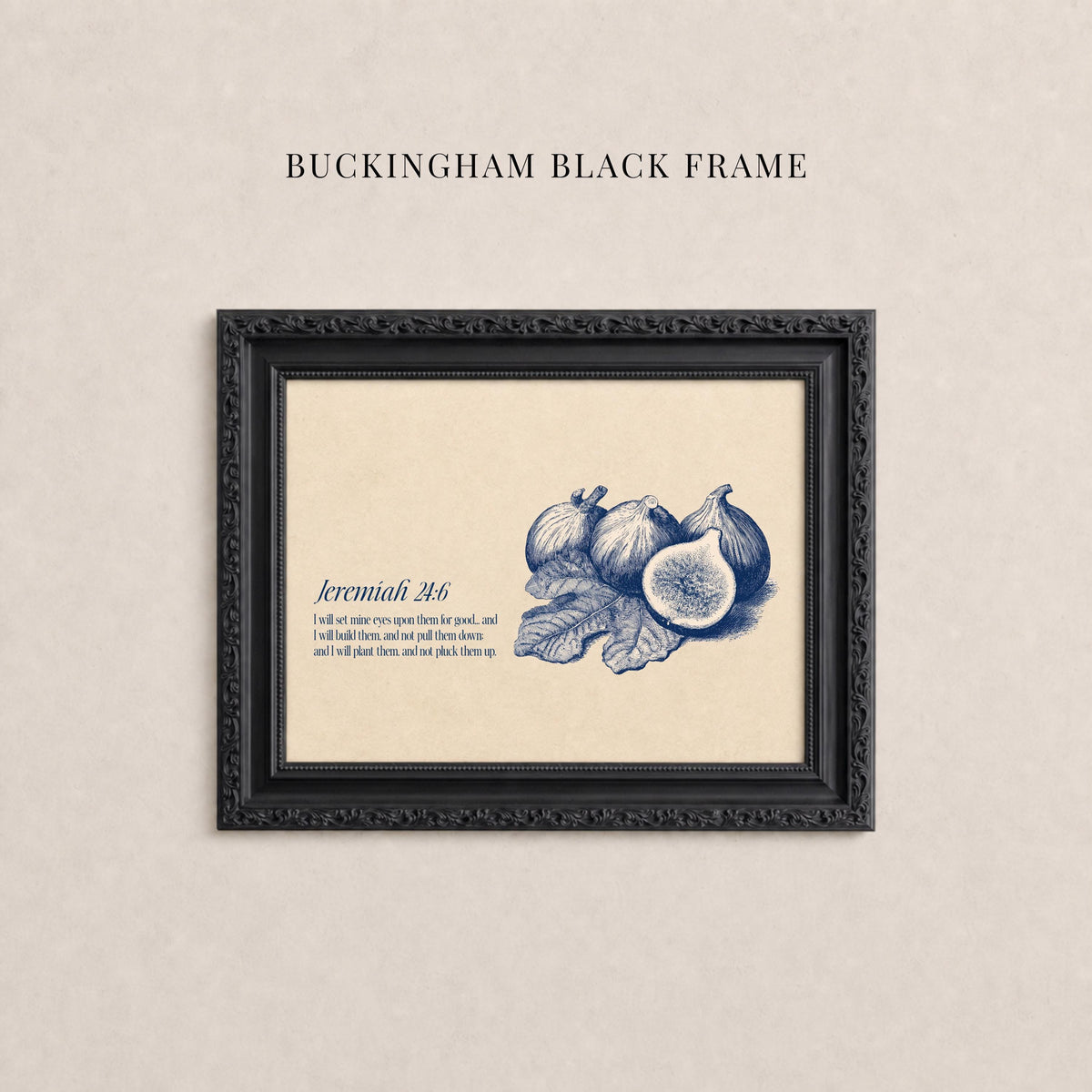 The image is a framed artwork depicting a still life of fruits, including a pear and an onion, with a black frame.