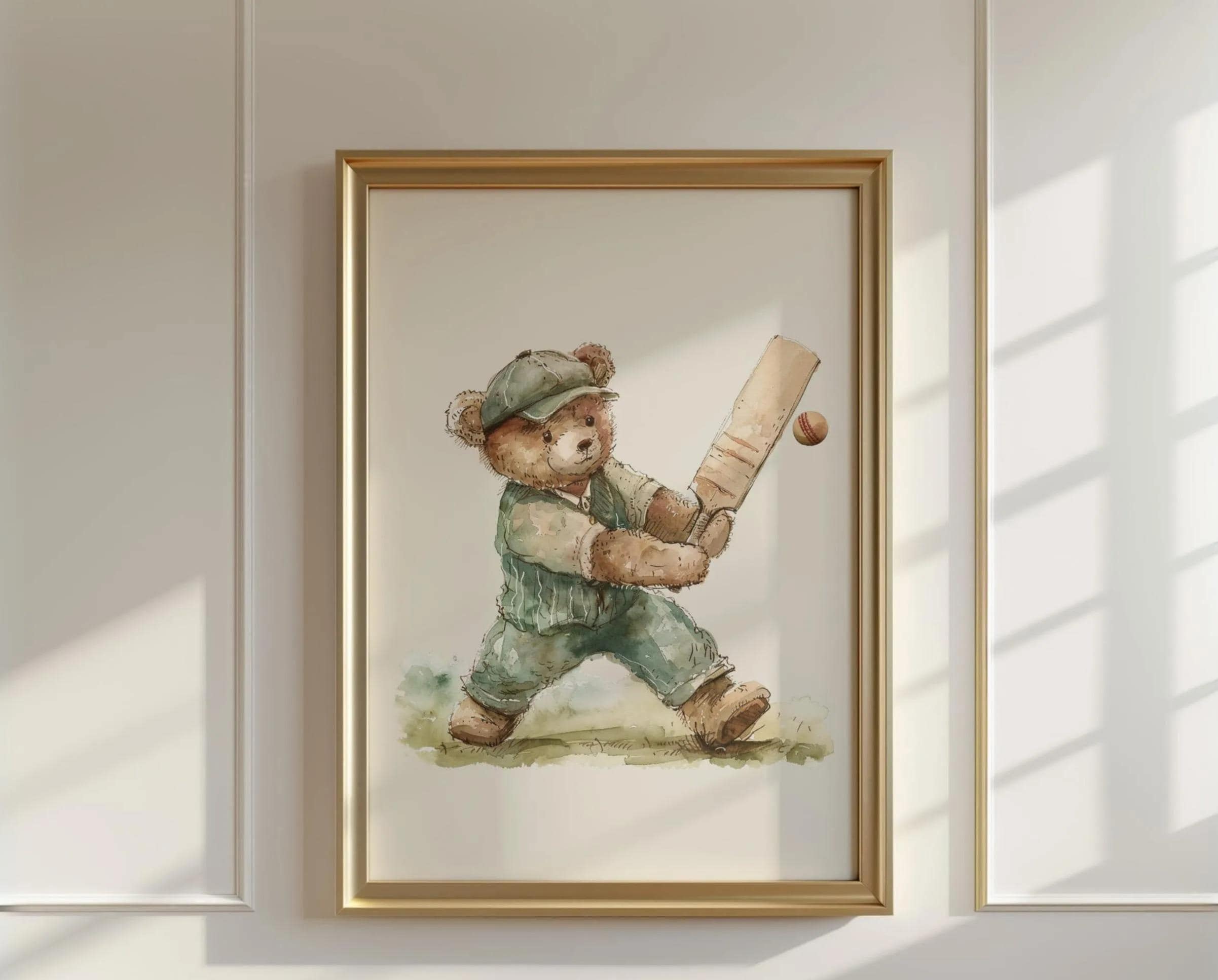 Boy Cricket Nursery Art,Vintage Boy Nursery,Teddy Bear Cricket Print Nursery,Teddy Bear Art Kids Room,Minimal,Green,Digital,Printable,Framed