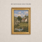 A painting of a rural landscape with a pond, trees, and a house in the background, framed in a gold frame.