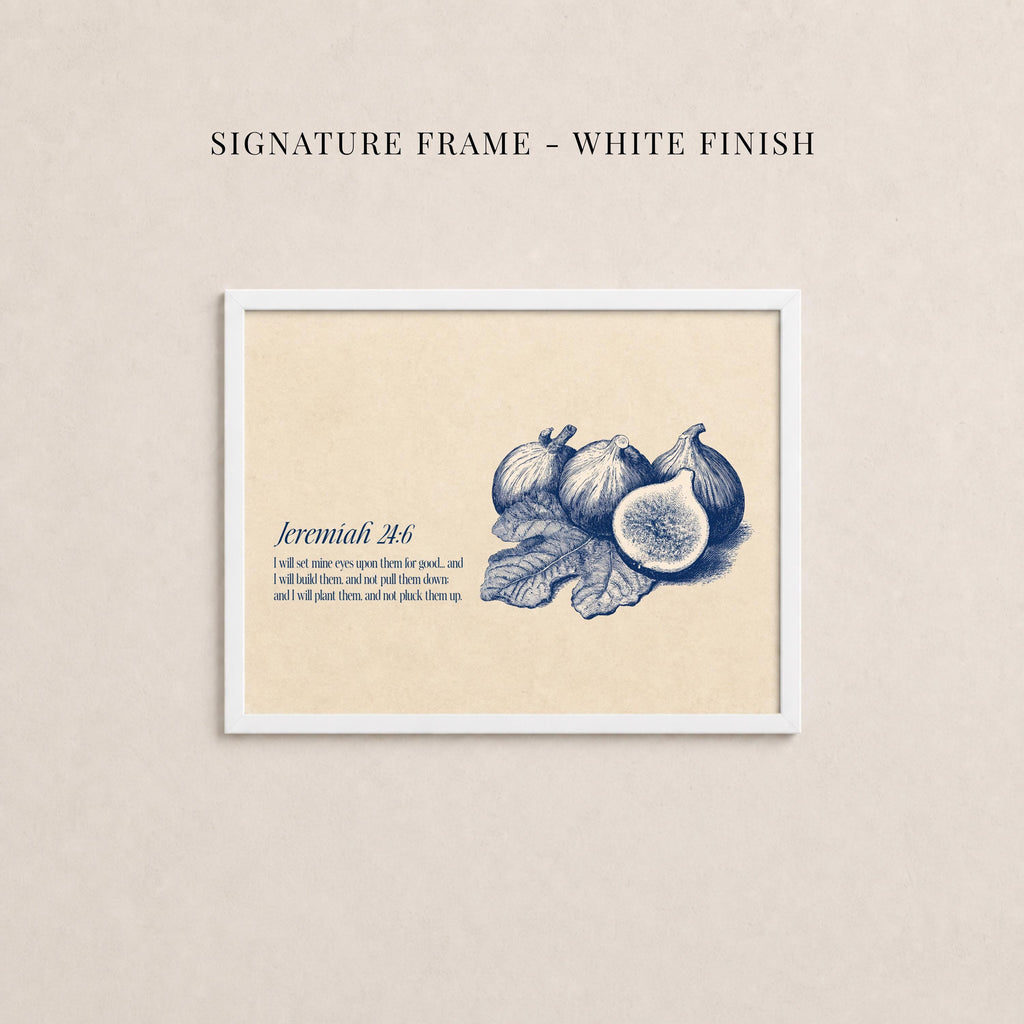 The image is a framed print featuring an illustration of various fruits, including figs and leaves, set against a beige background.