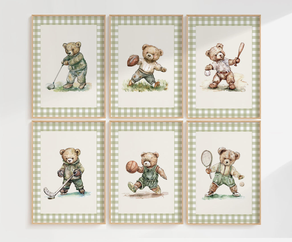 six framed illustrations of teddy bears engaging in various sports activities, such as playing golf, baseball, and tennis.