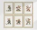 six framed illustrations of teddy bears engaging in various sports activities, such as playing golf, baseball, and tennis.