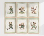 six framed illustrations of teddy bears engaging in various sports activities, such as playing golf, baseball, and tennis.