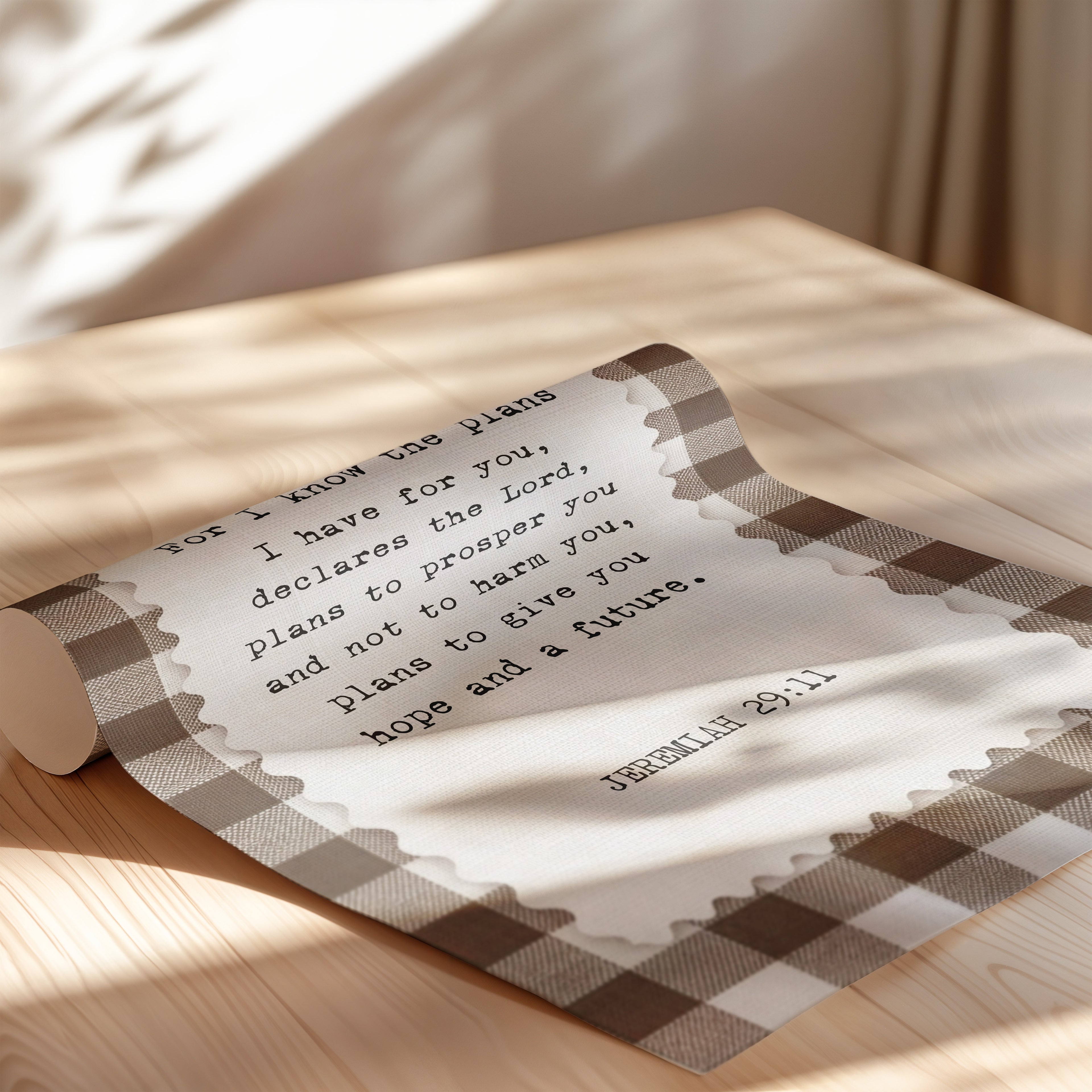 a close-up view of a printed text on a wooden surface, with a decorative border around it.