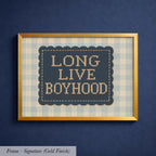 a framed cross-stitch design with the text "LONG LIVE BOYHOOD" displayed on it.