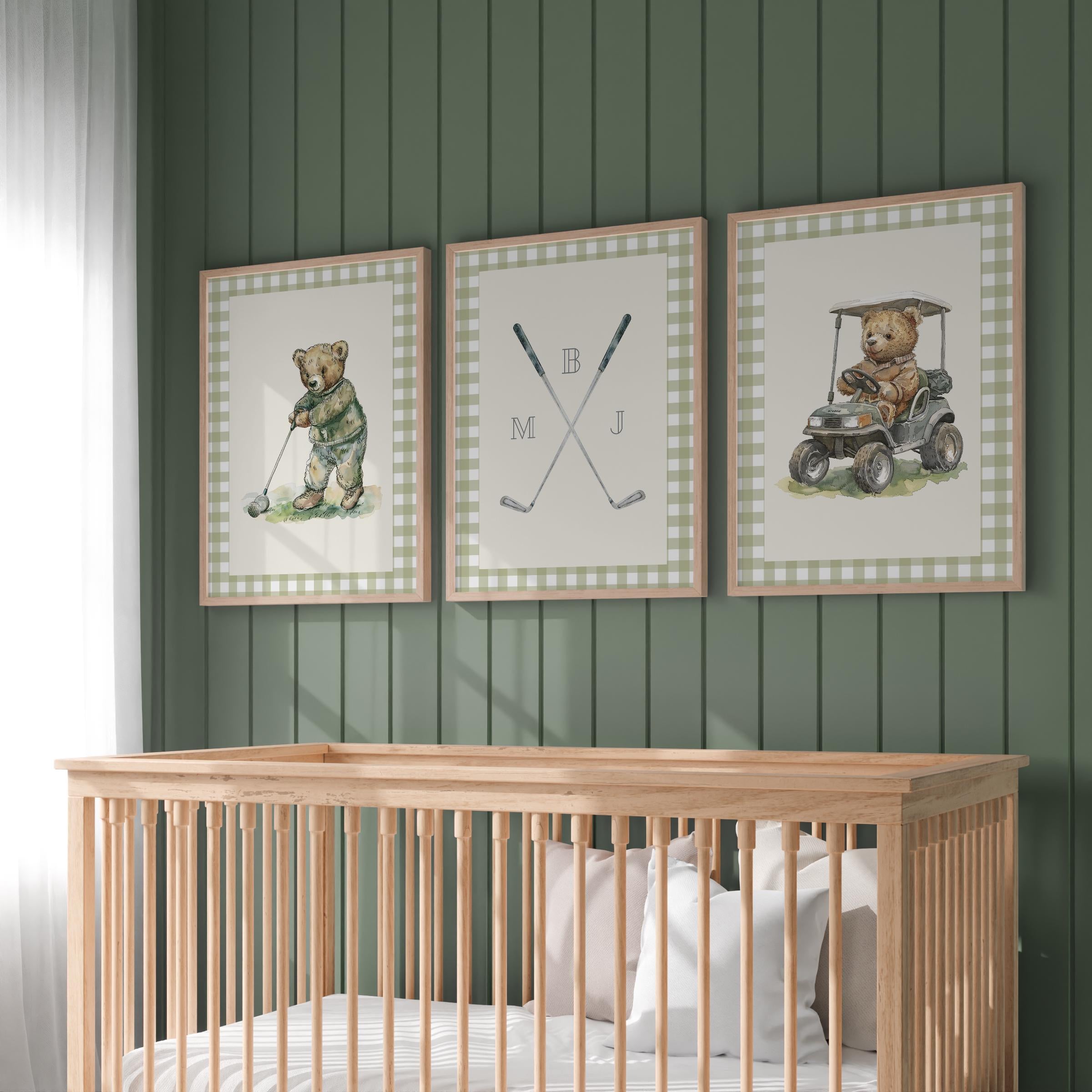 a nursery with a wooden crib, three framed pictures of teddy bears, and a golf cart, all set against a green wall.