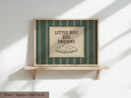 a framed picture with a green and white striped background and a cloud-like design. The text on the picture reads "LITTLE BOY BIG DREAMS".