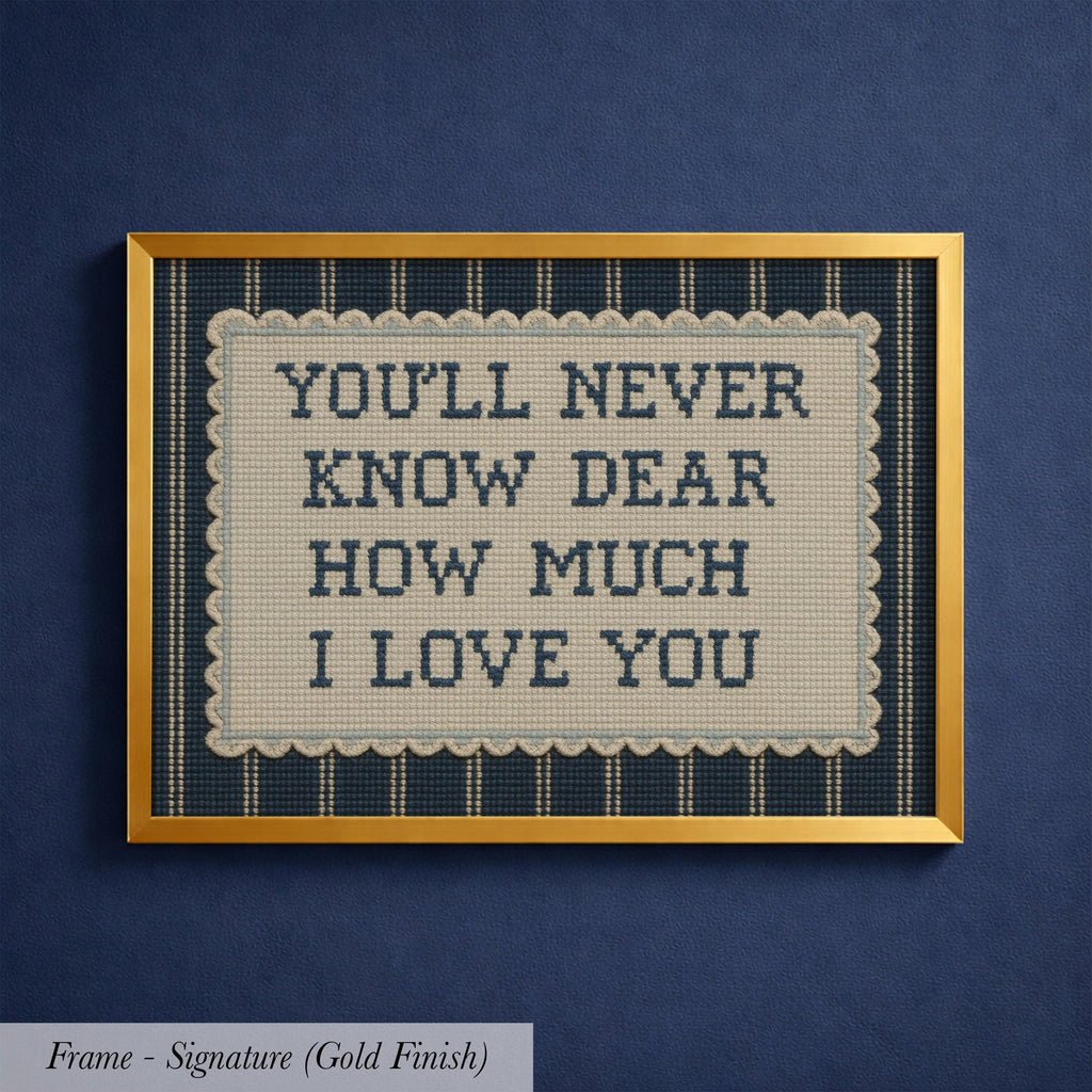 a framed cross-stitch design with the text "YOU'LL NEVER KNOW DEAR HOW MUCH I LOVE YOU" written on it.