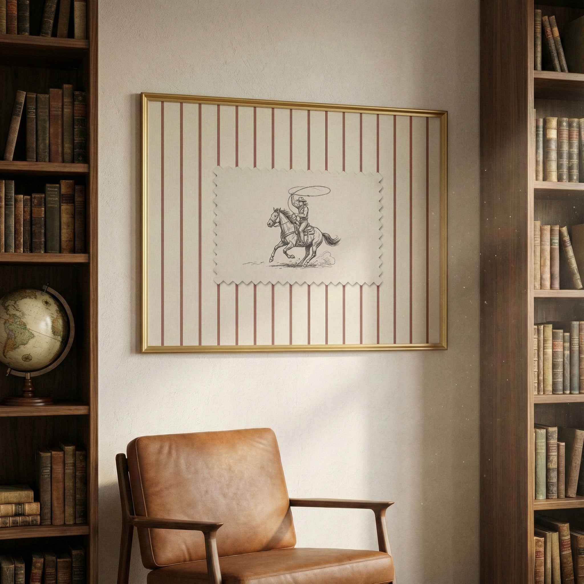 a cozy corner of a room with a leather chair, a framed illustration of a cowboy on horseback, and a bookshelf filled with books.