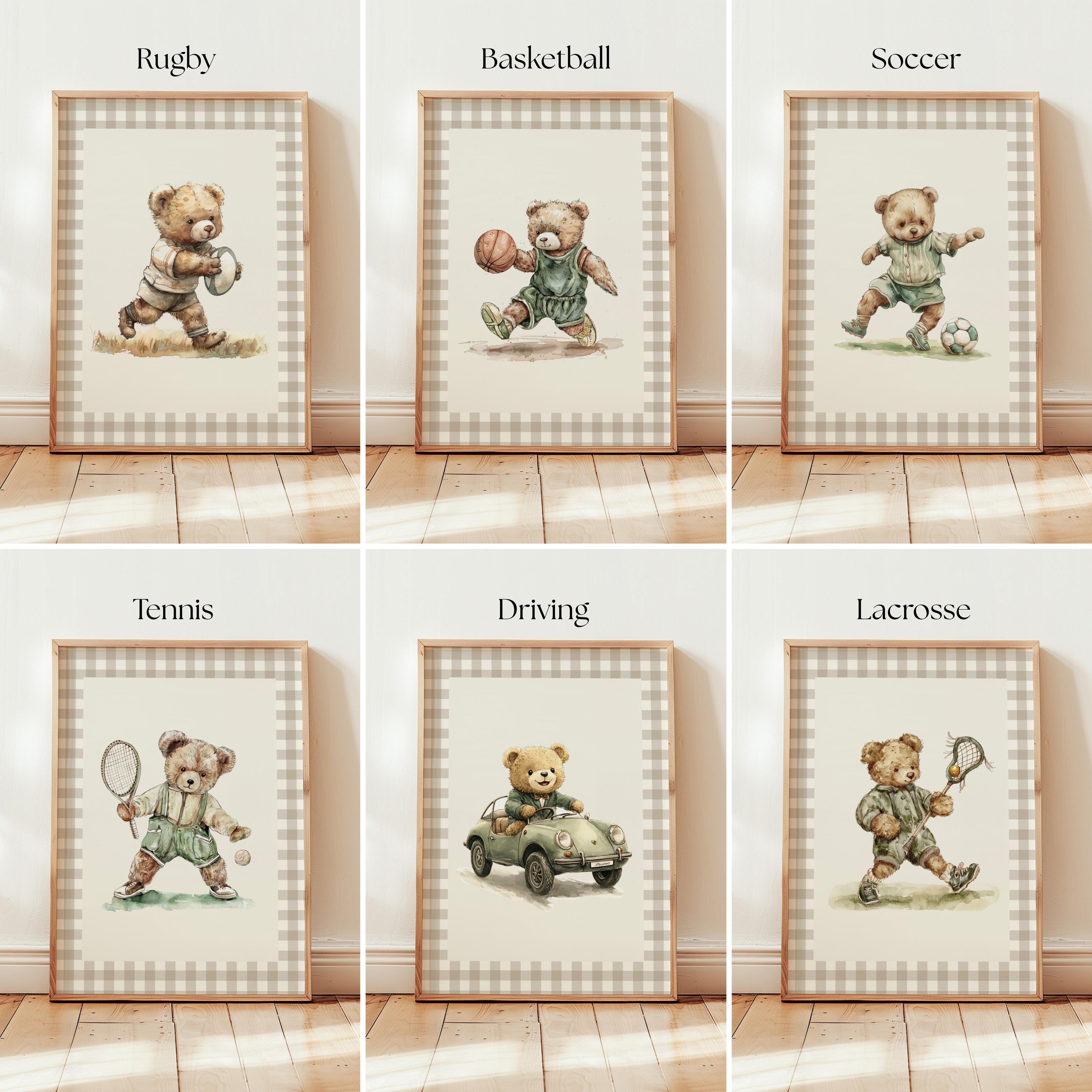 The image is a collage of six framed pictures featuring teddy bears playing different sports, including rugby, basketball, soccer, tennis, driving, and lacrosse.