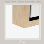 The image is a close-up of a wooden frame with a white canvas inside, showcasing the natural wood grain texture and the frame's design.