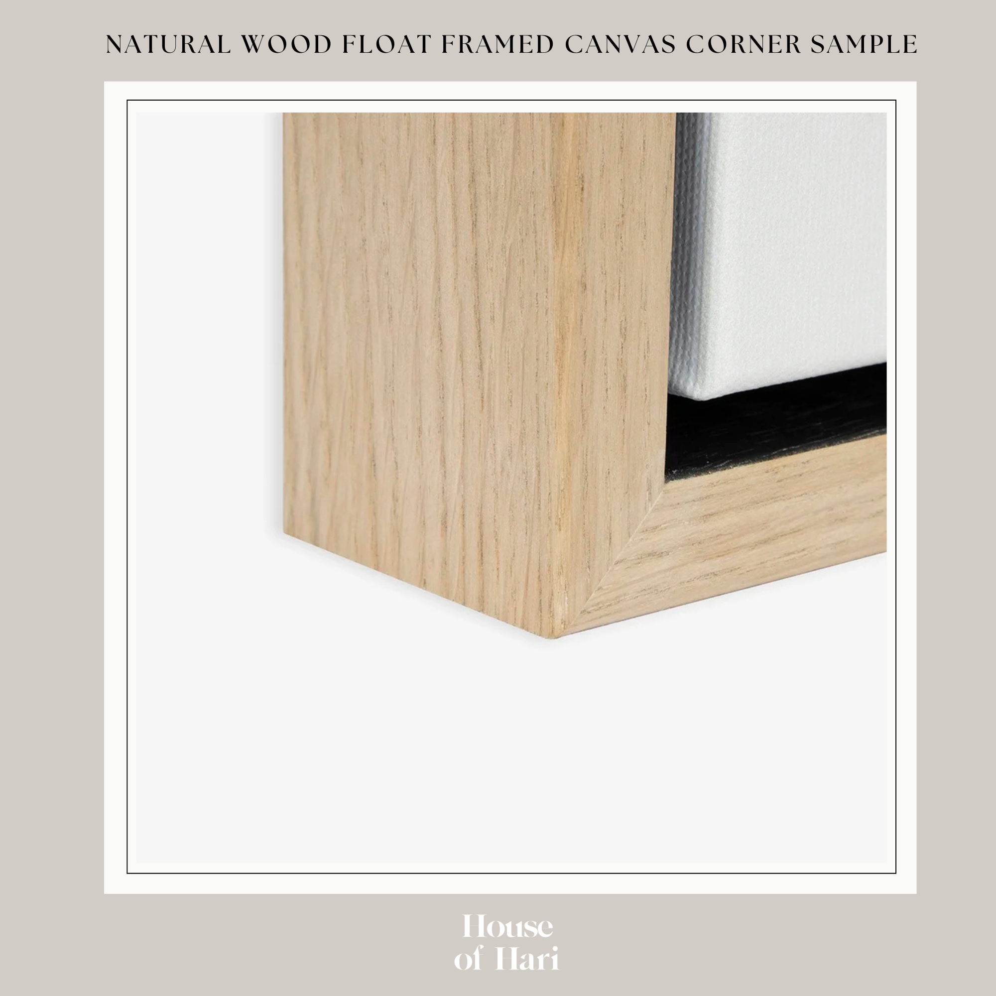 The image is a close-up of a wooden frame with a white canvas inside, showcasing the natural wood grain texture and the frame's design.