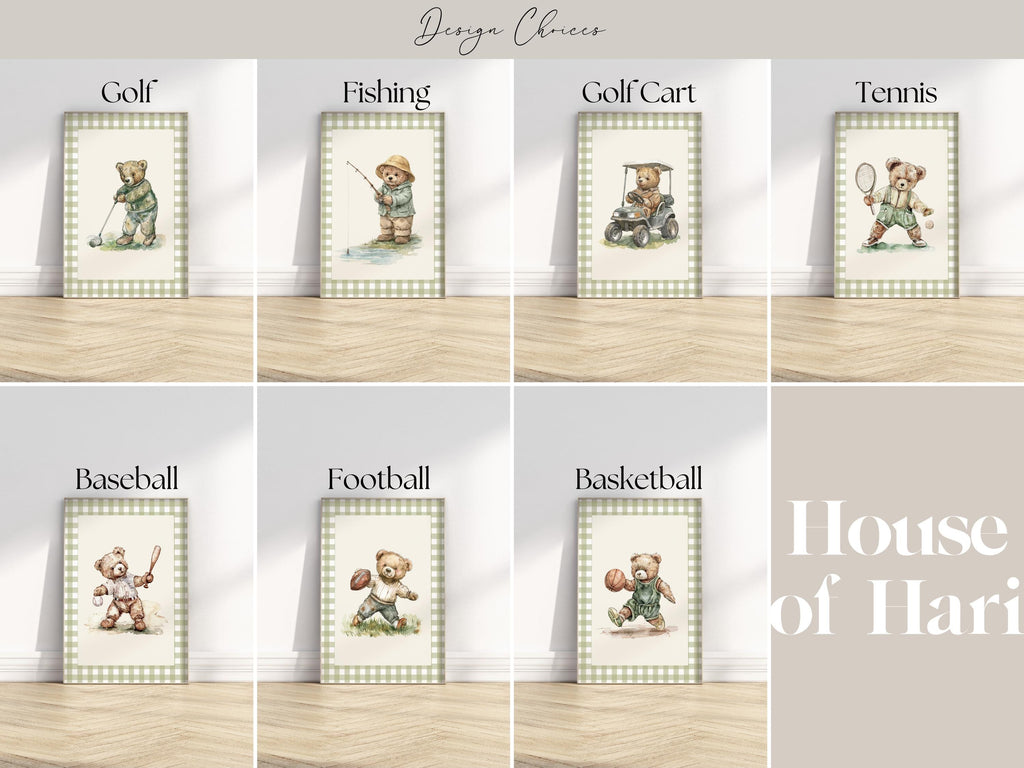 The image is a collage of eight framed illustrations of teddy bears engaged in various sports activities, including golf, fishing, golf cart, tennis, baseball, and football.