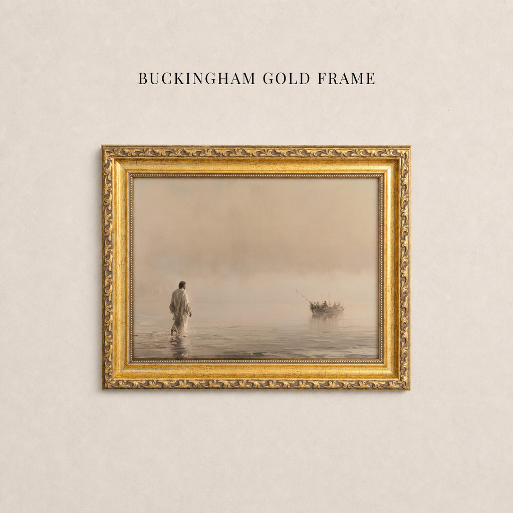 May include: A rectangular wall art piece titled BUCKINGHAM GOLD FRAME featuring a landscape print of a figure walking on water toward a boat in a misty, sepia-toned setting, enclosed in an ornate, textured metallic gold frame with intricate detailing.