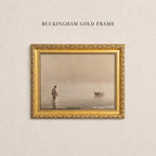 May include: A rectangular wall art piece titled BUCKINGHAM GOLD FRAME featuring a landscape print of a figure walking on water toward a boat in a misty, sepia-toned setting, enclosed in an ornate, textured metallic gold frame with intricate detailing.
