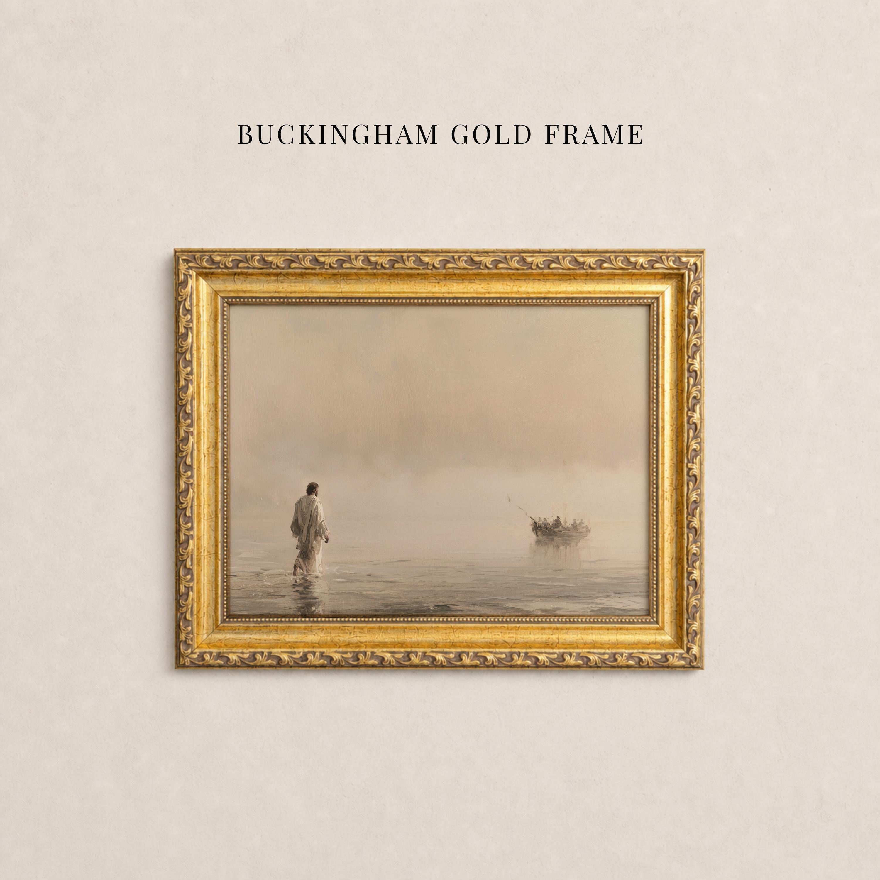 May include: A rectangular wall art piece titled BUCKINGHAM GOLD FRAME featuring a landscape print of a figure walking on water toward a boat in a misty, sepia-toned setting, enclosed in an ornate, textured metallic gold frame with intricate detailing.