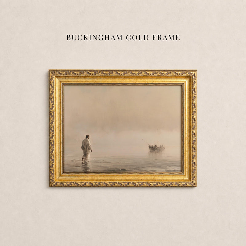 May include: A rectangular wall art piece titled BUCKINGHAM GOLD FRAME featuring a landscape print of a figure walking on water toward a boat in a misty, sepia-toned setting, enclosed in an ornate, textured metallic gold frame with intricate detailing.