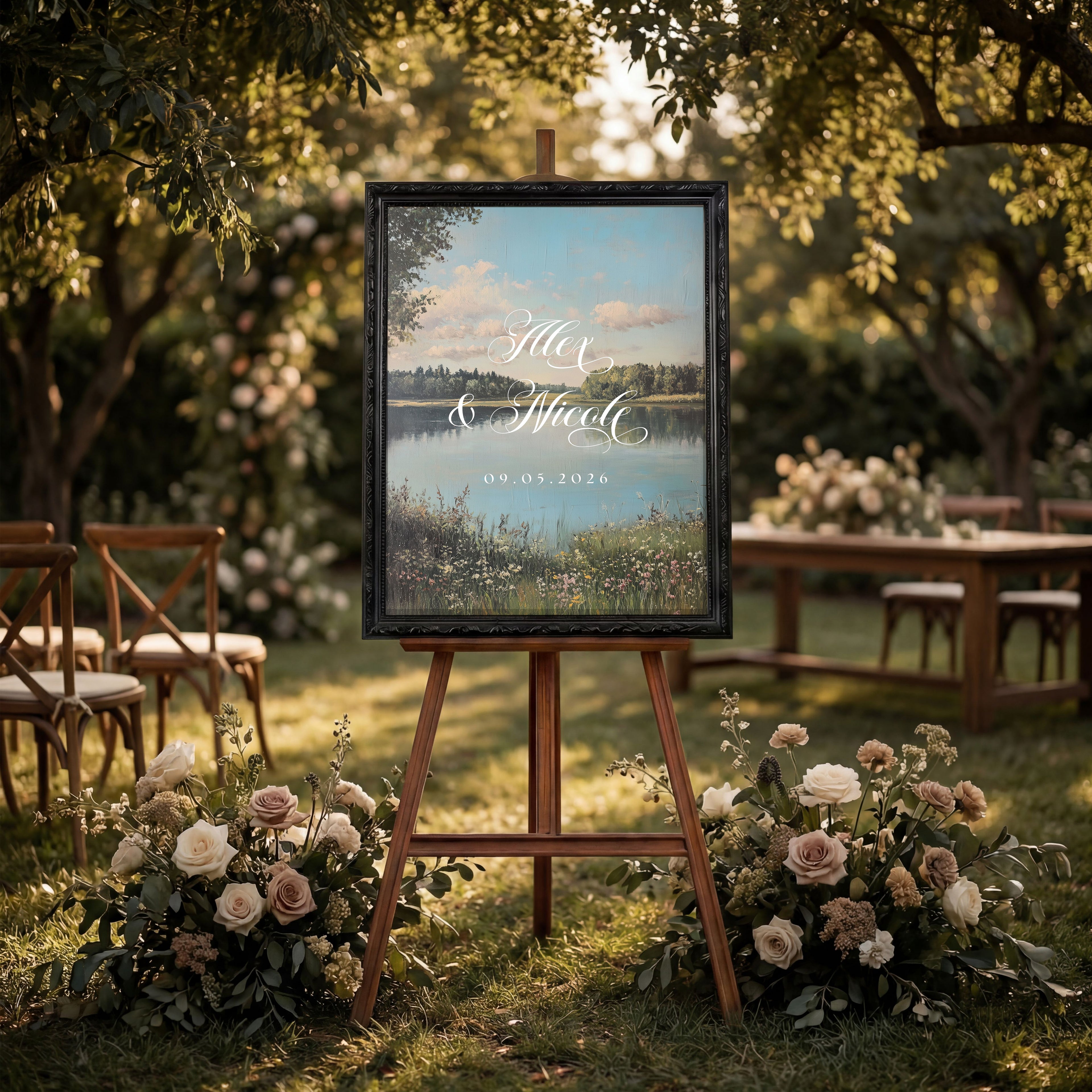 a wedding invitation with a scenic outdoor setting, including a lake and trees, surrounded by flowers and chairs.