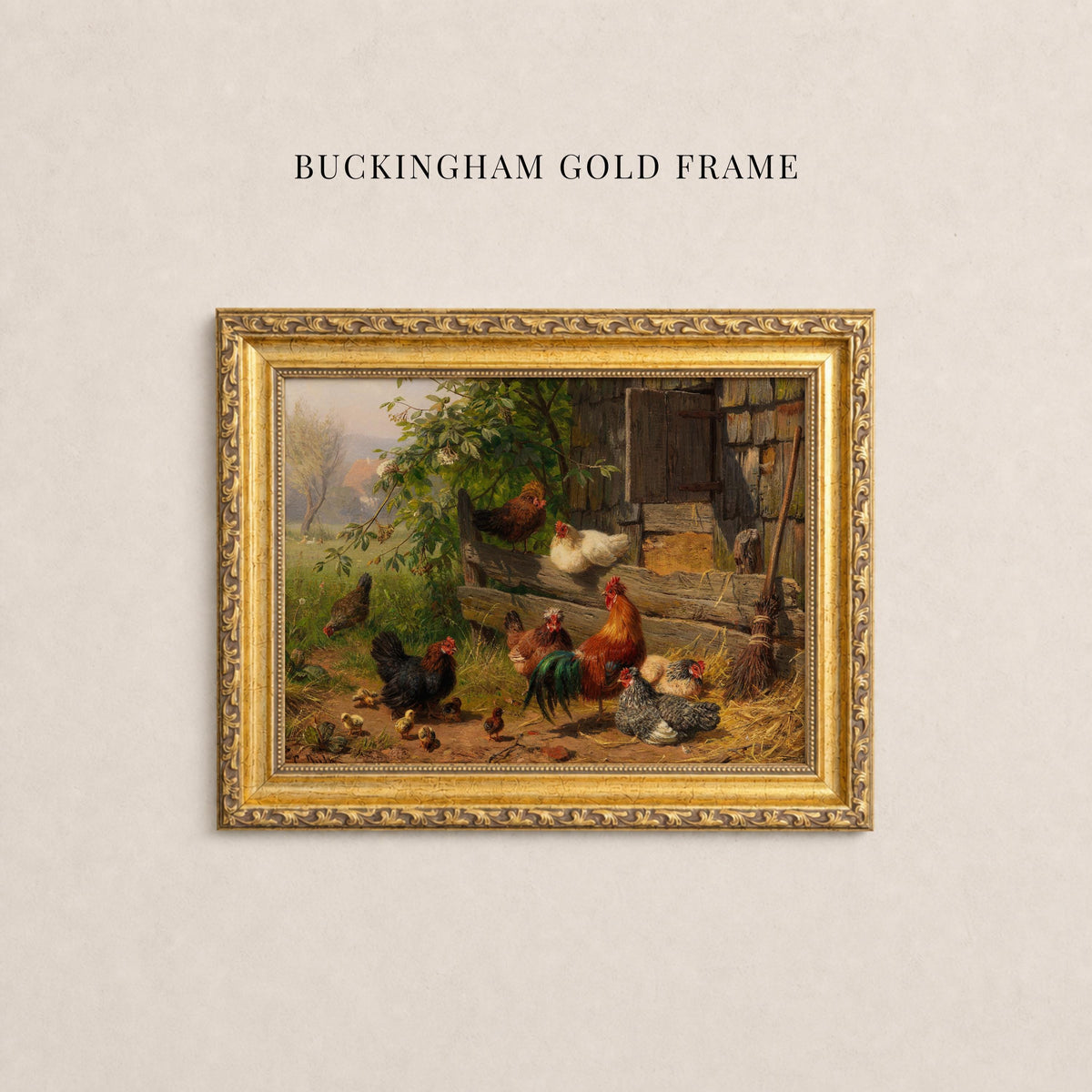 A painting of a group of chickens in a rustic setting, framed in a gold frame.