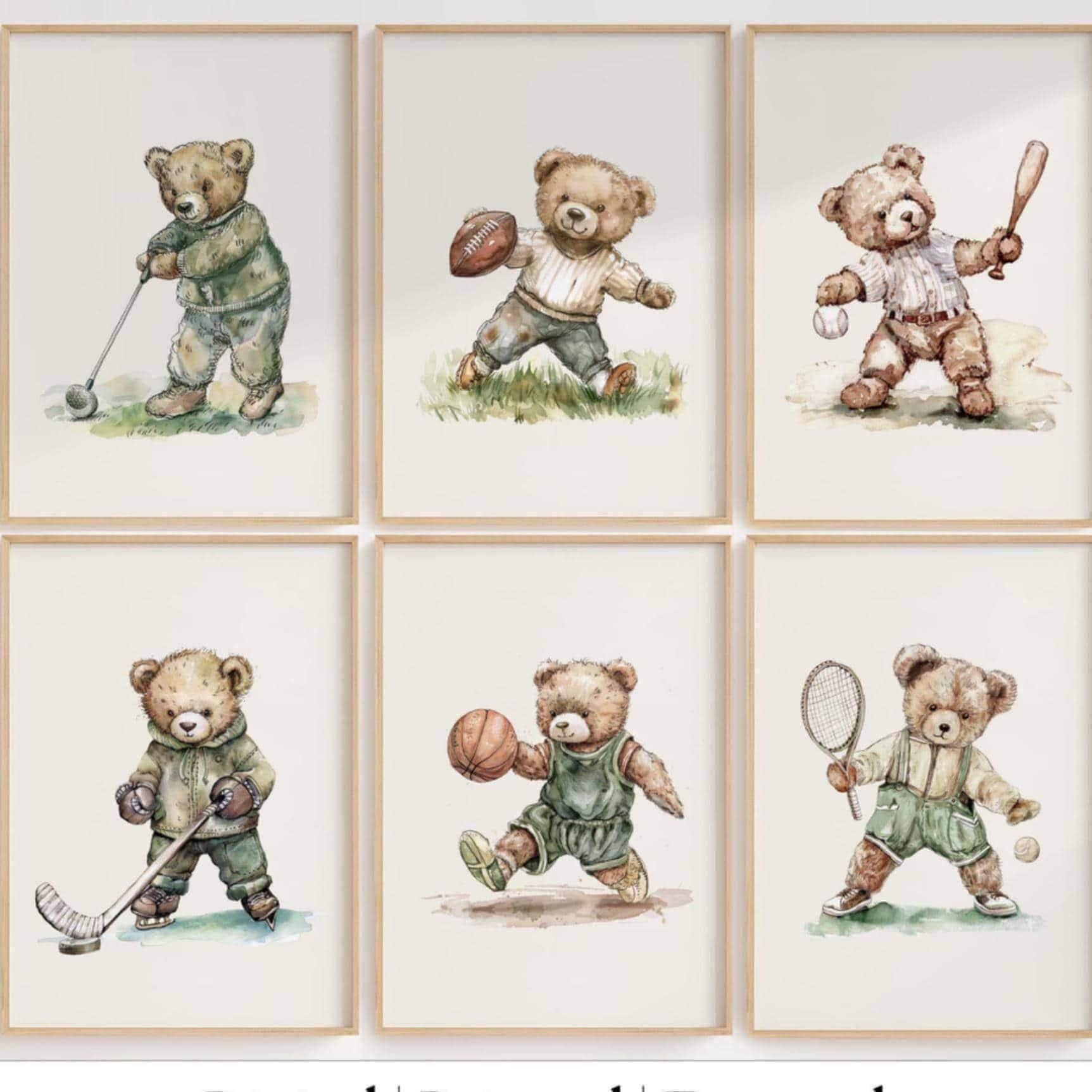 Vintage Teddy Sports Nursery Set of 6 | 1232