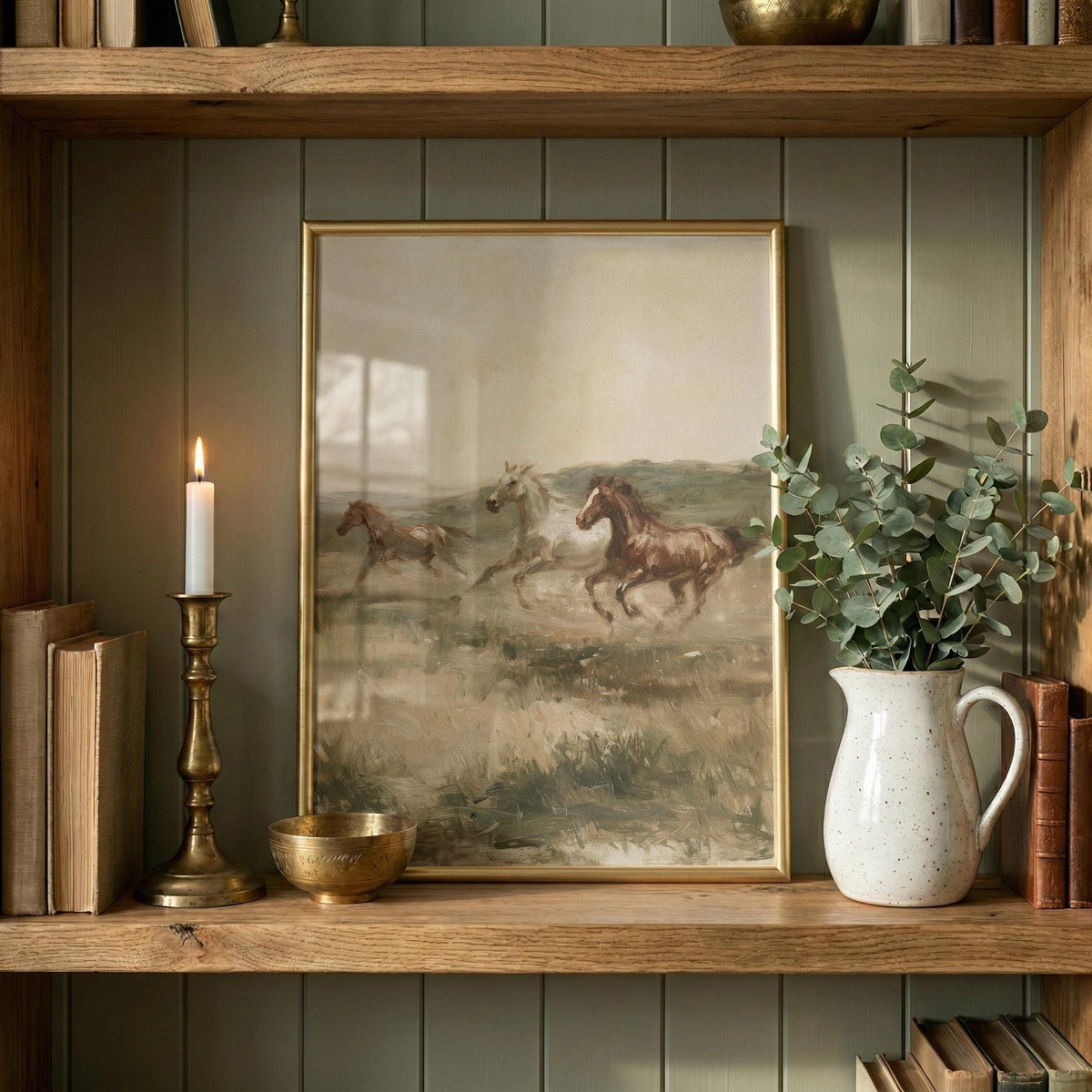 a wooden shelf with a framed painting of horses, a lit candle, a white vase with greenery, and a few books.