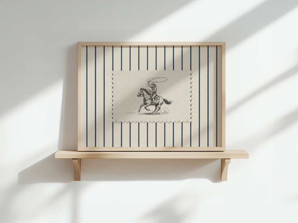 a wooden shelf with a framed picture of a cowboy on a horse.