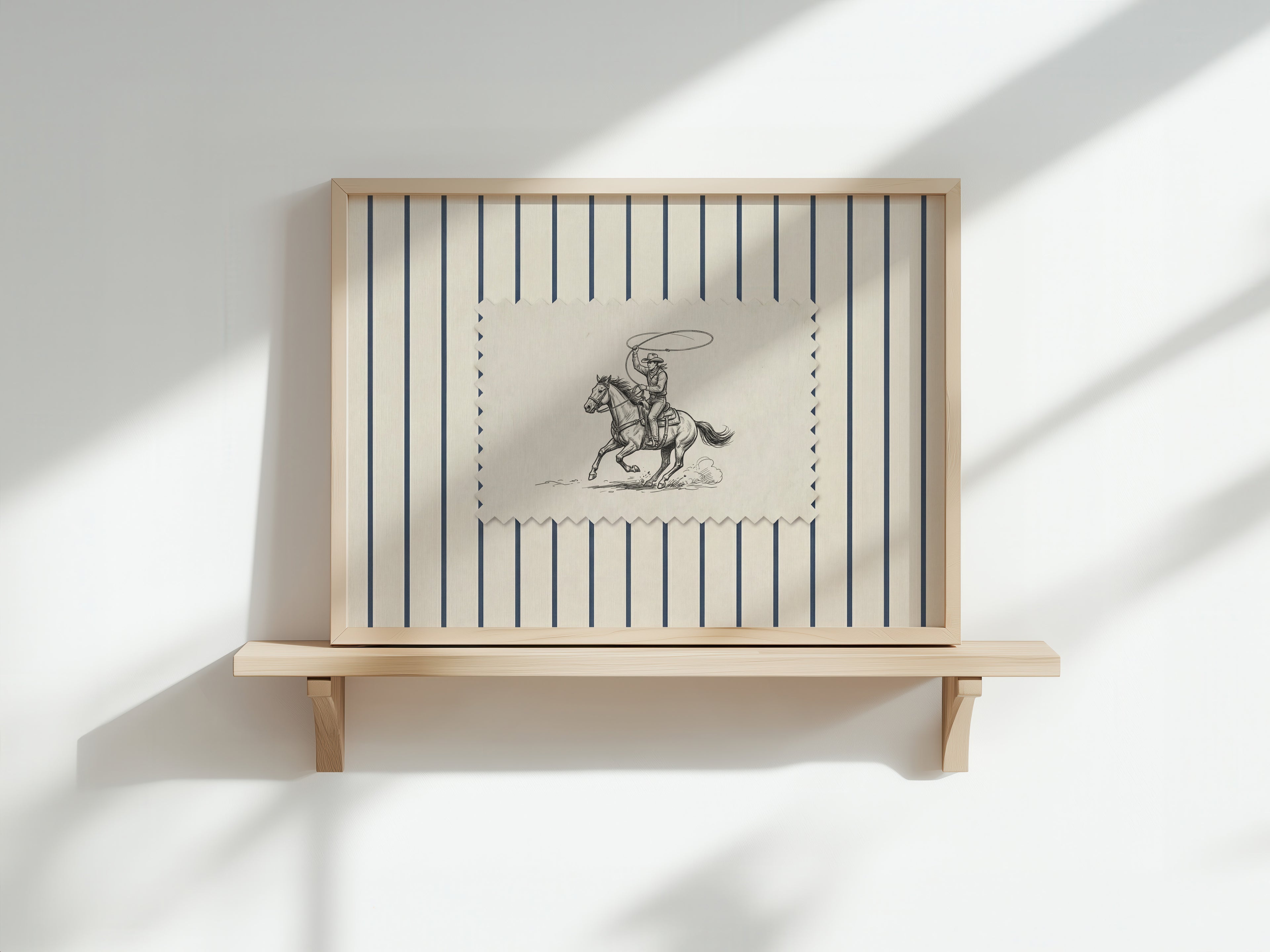 a wooden shelf with a framed picture of a cowboy on a horse.