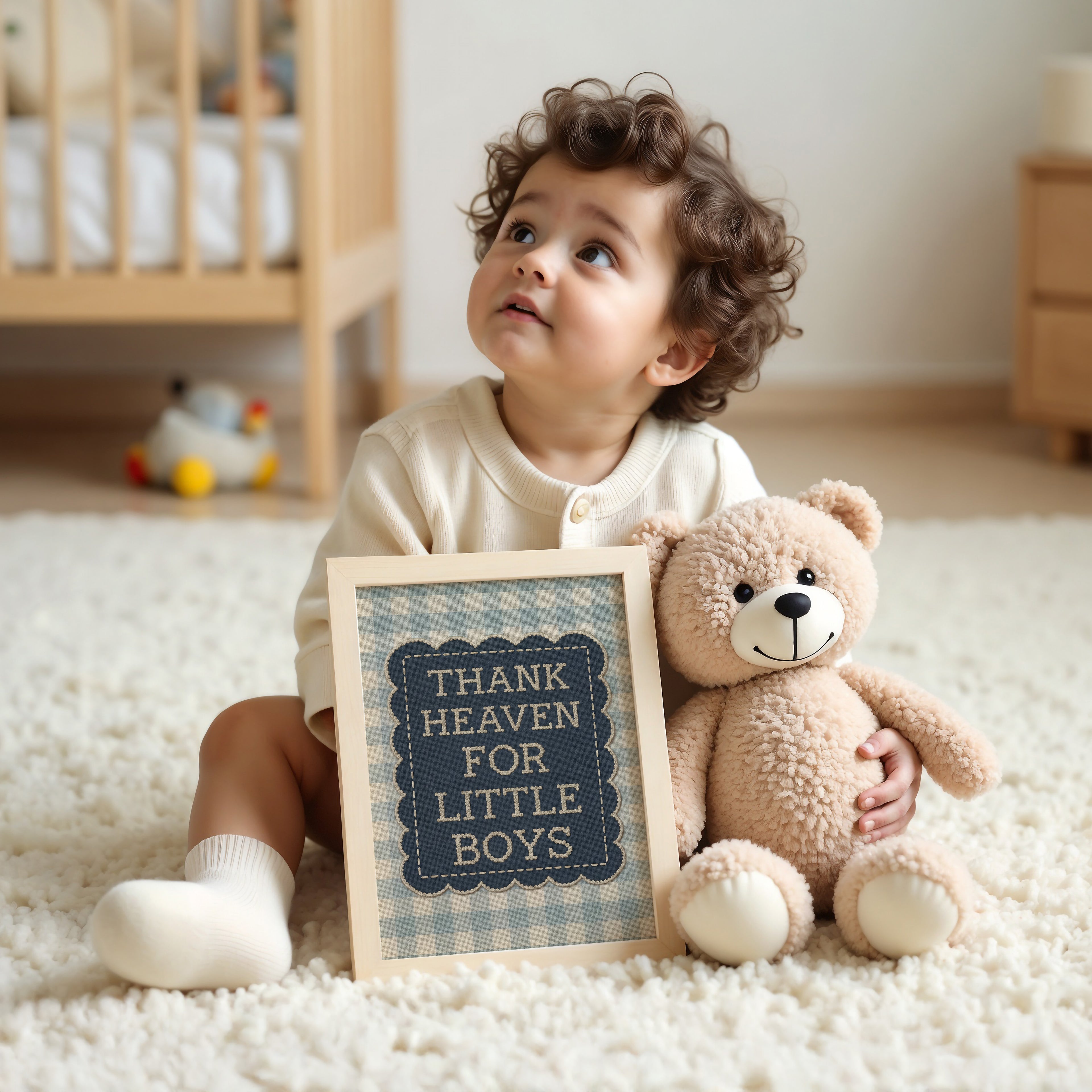 A young child sits on the floor, holding a framed sign that says "THANK HEAVEN FOR LITTLE BOYS" and a teddy bear.