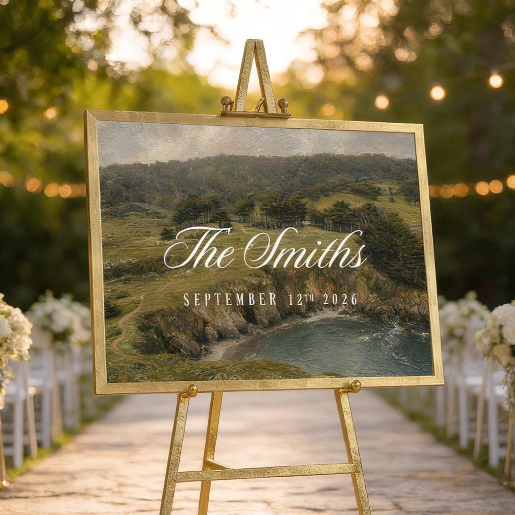 a wedding ceremony setup with a large sign displaying the names of the couple and the date of their wedding, surrounded by white chairs and a scenic outdoor setting with trees and string lights.