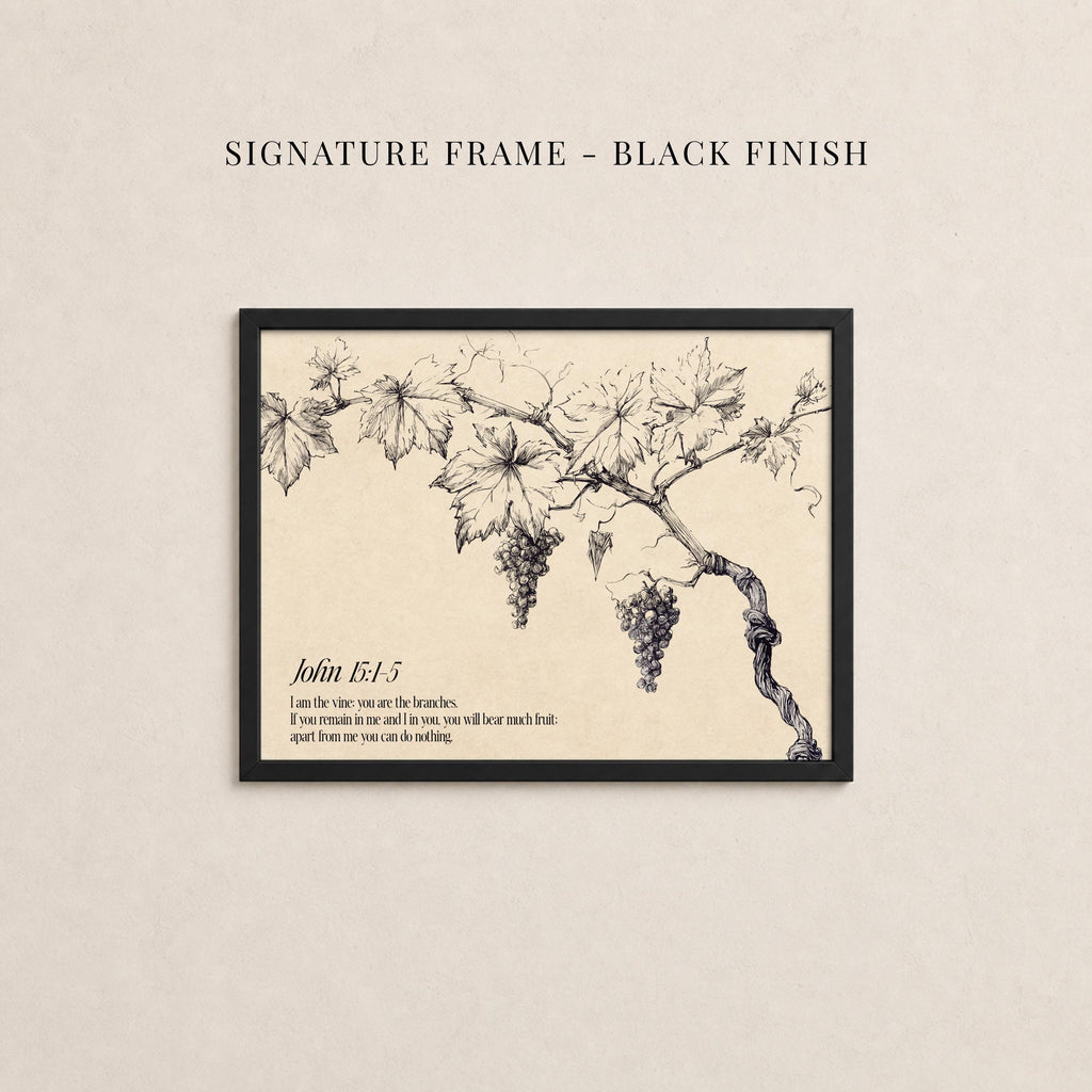 The image is a framed print featuring a black and white illustration of grapes on a vine.