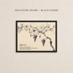 The image is a framed print featuring a black and white illustration of grapes on a vine.