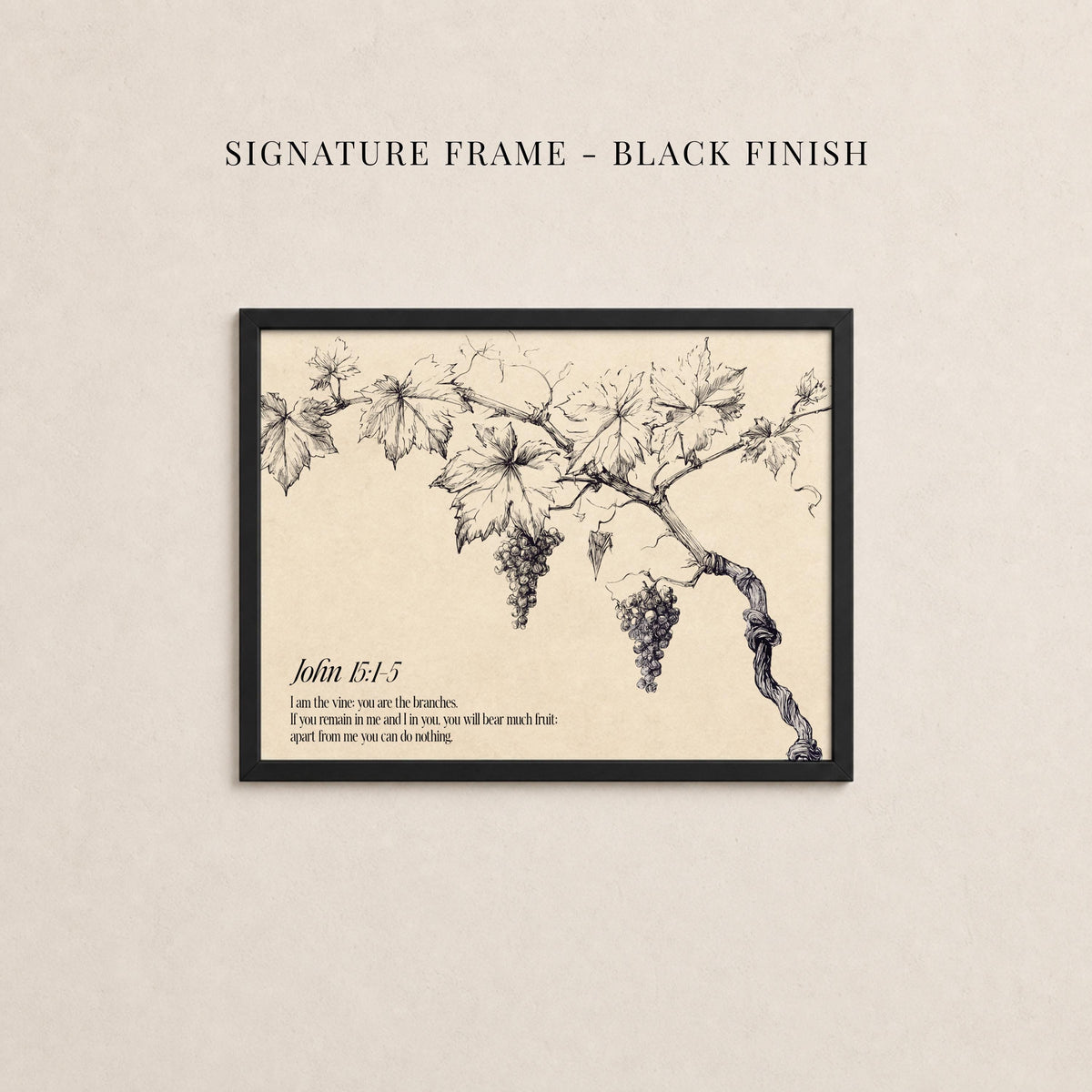 The image is a framed print featuring a black and white illustration of grapes on a vine.