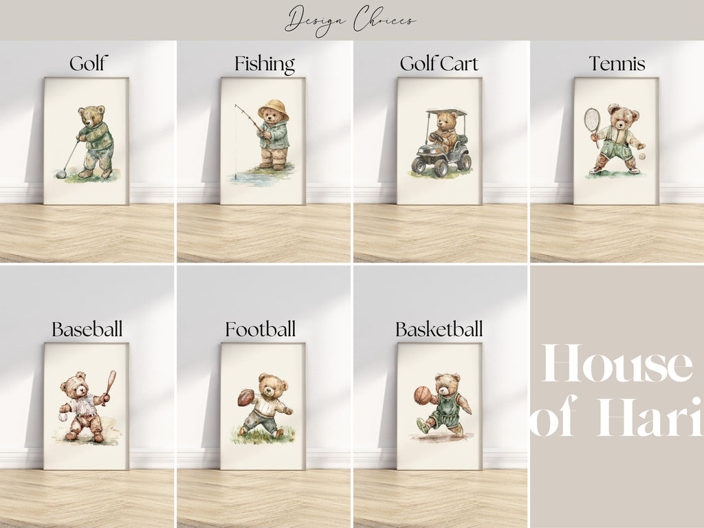 The image is a collage of six framed pictures depicting teddy bears engaged in various sports activities, including golf, fishing, golf cart, tennis, baseball, and football.
