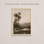 The image is a framed painting depicting a serene landscape with trees, a river, and a hazy sky.