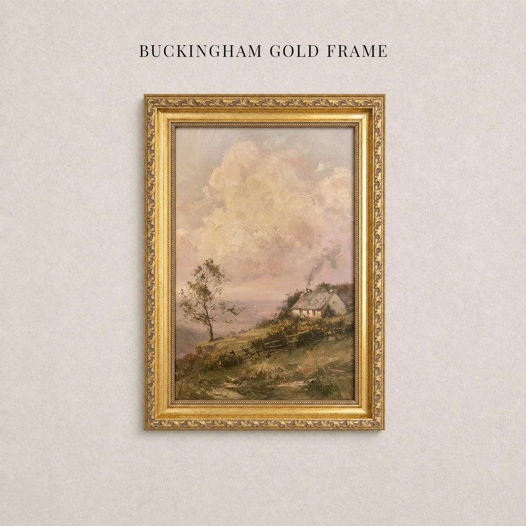 The image is a painting of a rural landscape, featuring a house and trees in the background, framed in a gold frame.