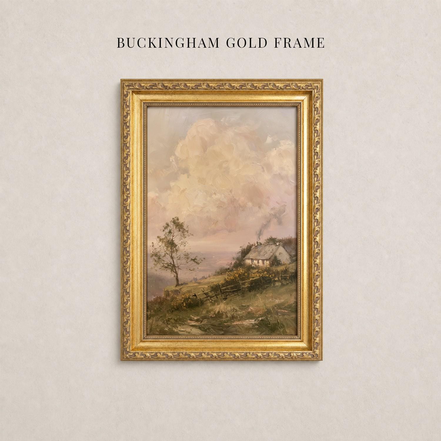 The image is a painting of a rural landscape, featuring a house and trees in the background, framed in a gold frame.