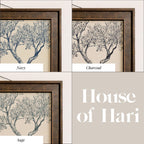 The image is a collage of four images, each depicting a different type of tree: Navy, Charcoal, Sage, and House of Hari.