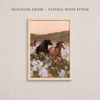 The image is a framed painting depicting a group of horses running through a field with flowers.