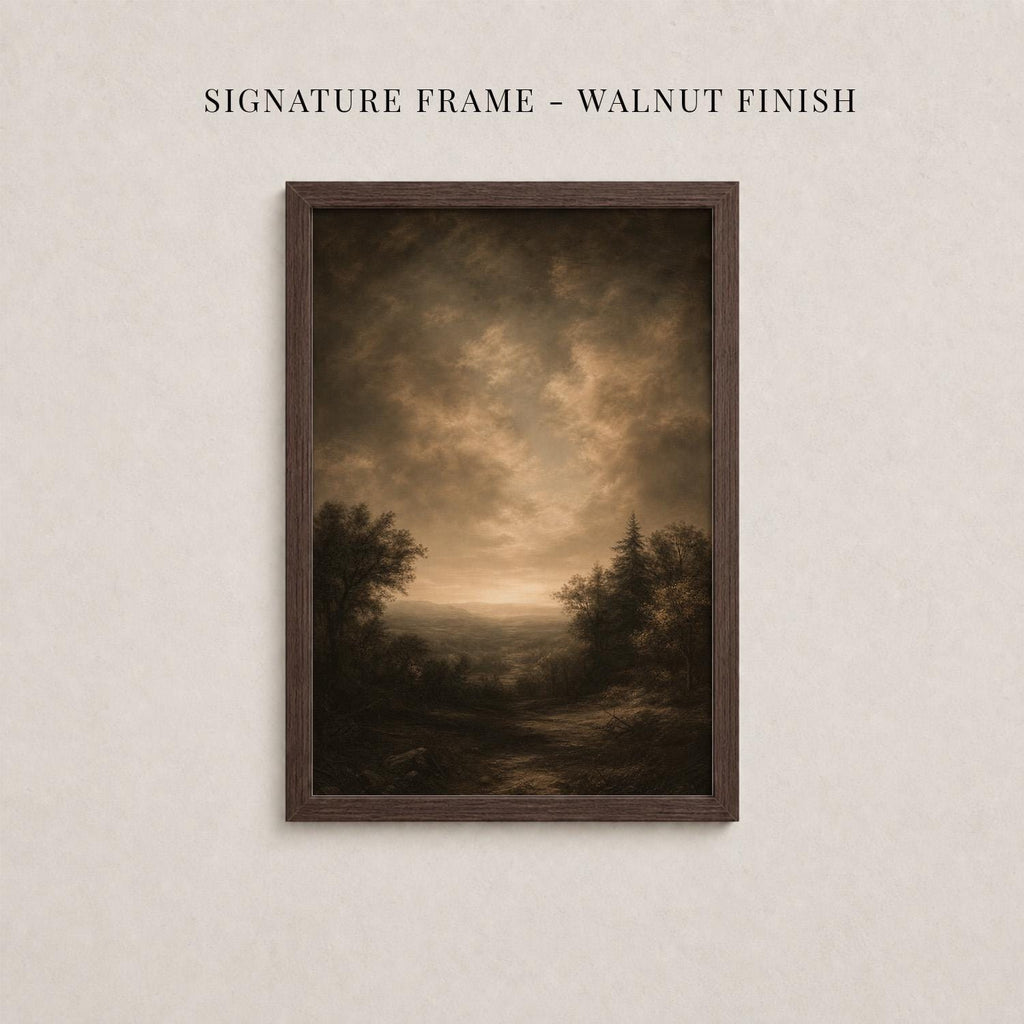 The image is a framed landscape painting depicting a serene countryside scene with trees and a winding path.