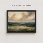The image is a framed landscape painting depicting a serene countryside scene with rolling hills, a lake, and a cloudy sky.