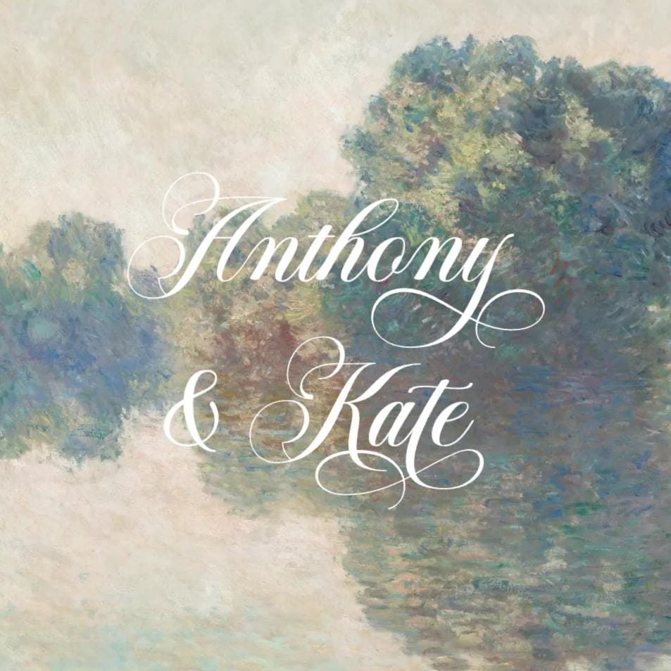 The image is a digital collage featuring a painting of a landscape with trees and a body of water. The text "Antony & Kate" is displayed prominently in the center of the collage.