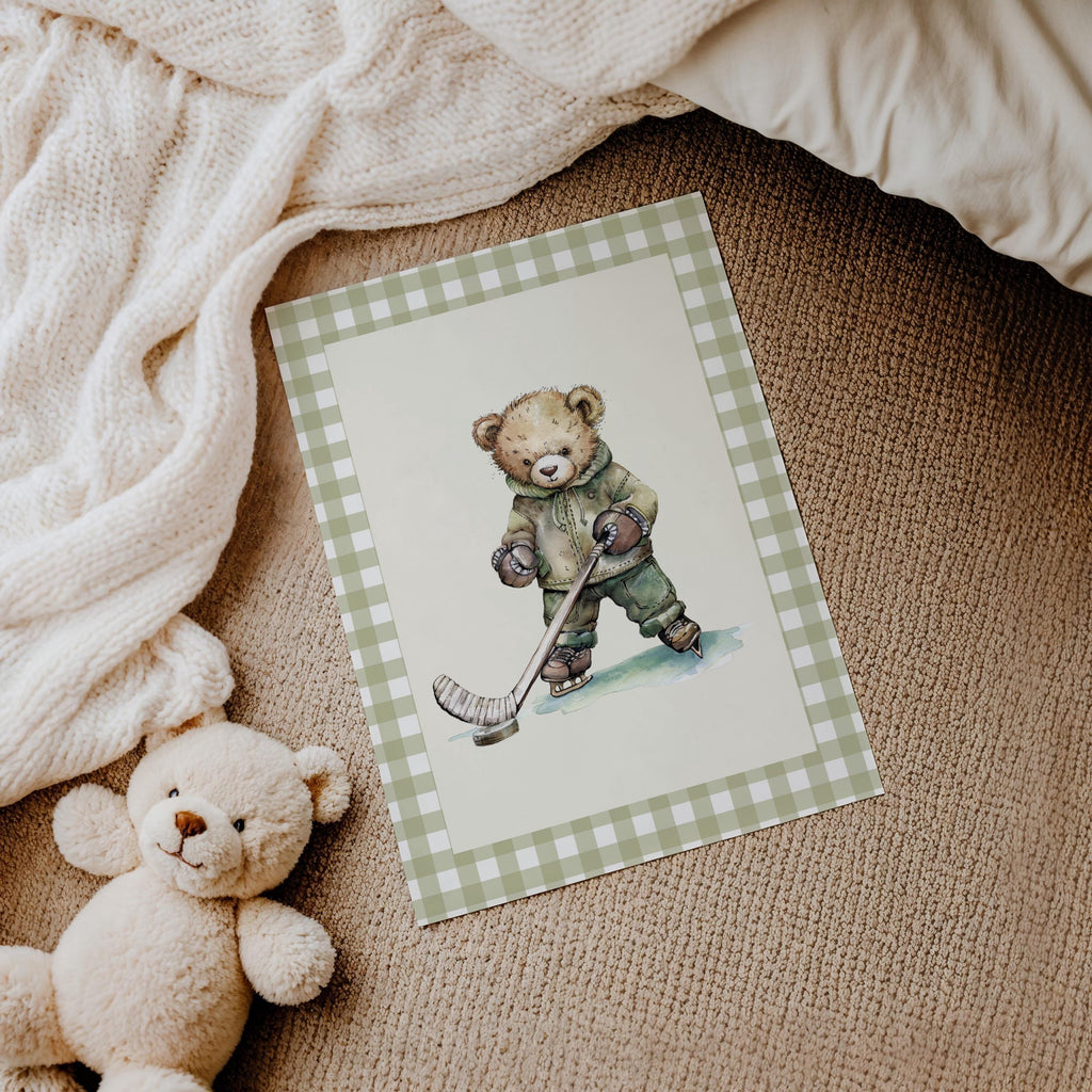 Vintage Teddy Bear Ice Hockey Gingham Wall Art, Watercolor Illustration of Bear in Hockey Gear,Retro Decor for Kids Room,Nursery,Sports Fans