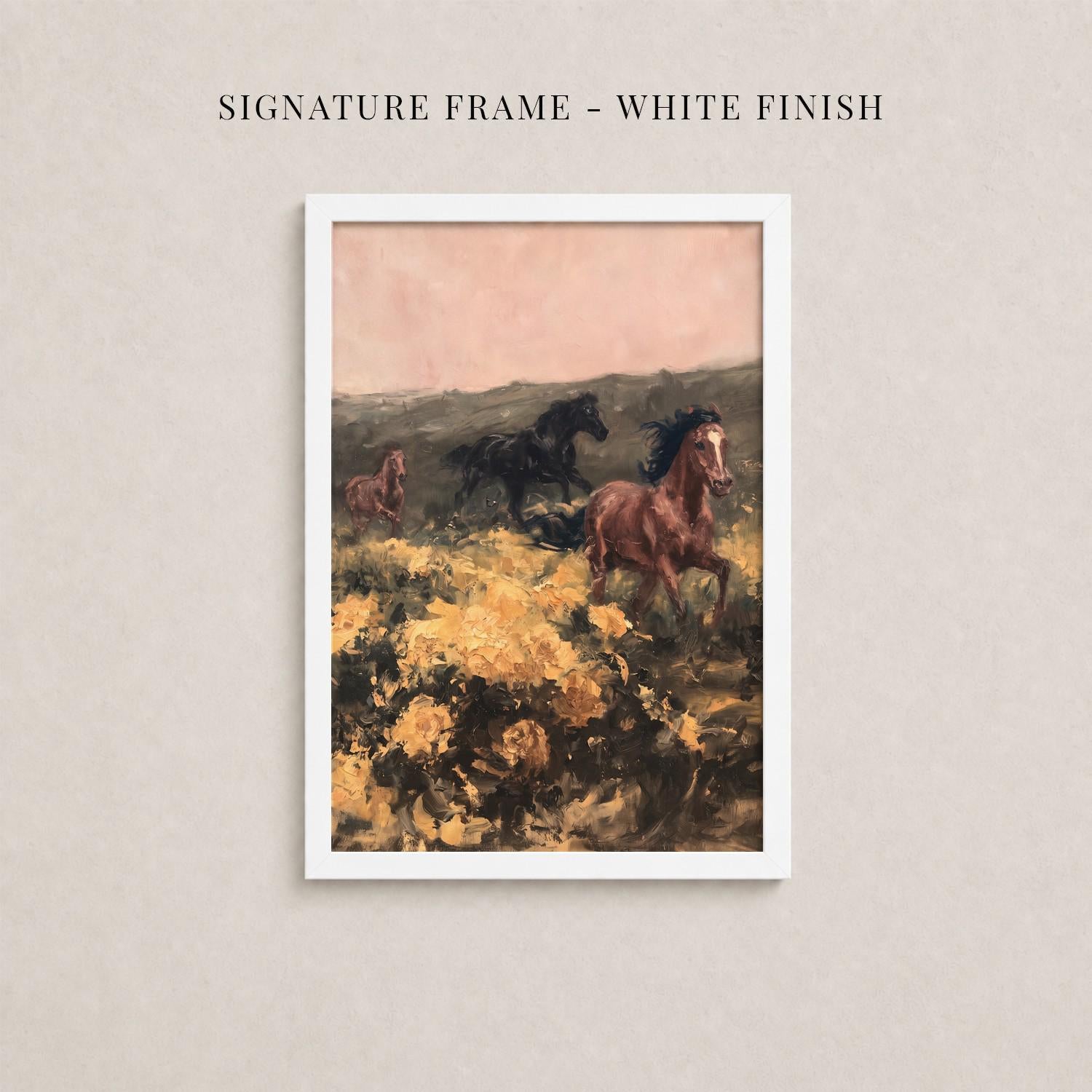 The image is a framed painting depicting three horses in a field with yellow flowers.