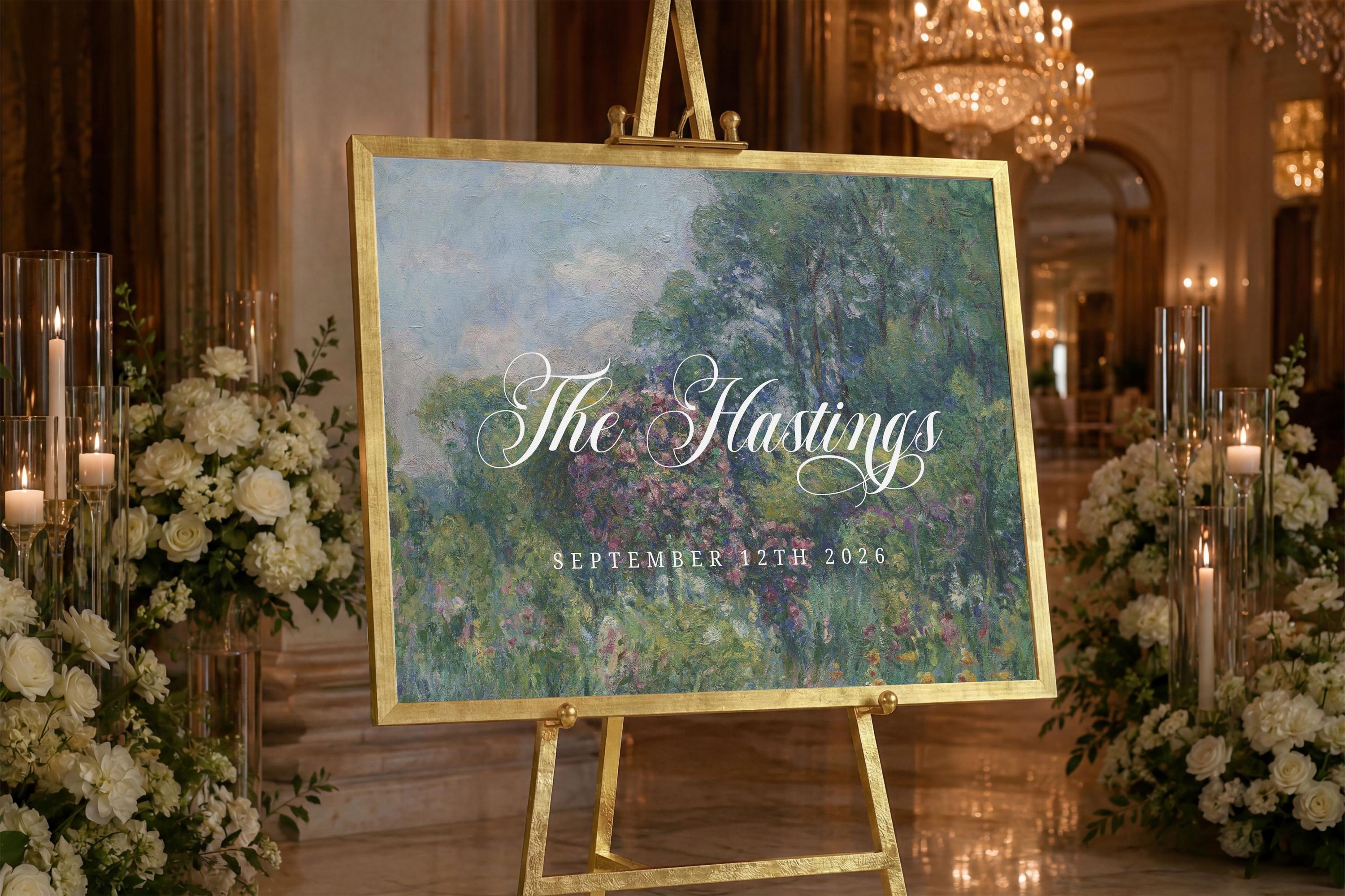 a large painting of a landscape with a sign that reads "The Hastings" and "SEPTEMBER 12TH 2026". The painting is displayed on a gold stand in a room with a chandelier and floral arrangements.