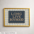 a framed cross-stitch design with the text "LONG LIVE BOYHOOD" displayed on it.