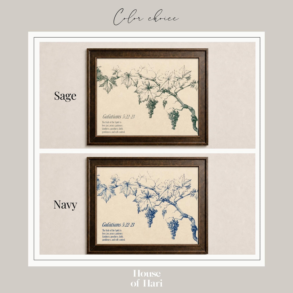 two framed prints of grape vines, one labeled "Sage" and the other "Navy". The text on the prints is not clear enough to transcribe accurately.