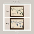two framed prints of grape vines, one labeled "Sage" and the other "Navy". The text on the prints is not clear enough to transcribe accurately.